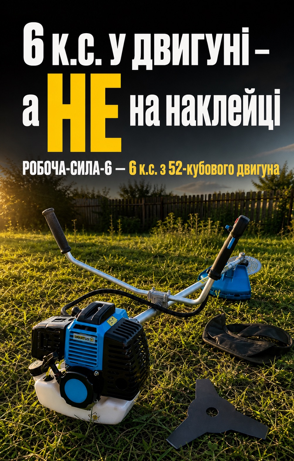 Бензокоса SmartUs SM526 — 6 к.с. у двигуні, а НЕ на наклейці. РОБОЧА-СИЛА-6 — 4,2 кВт реальних з 52-кубового двигуна