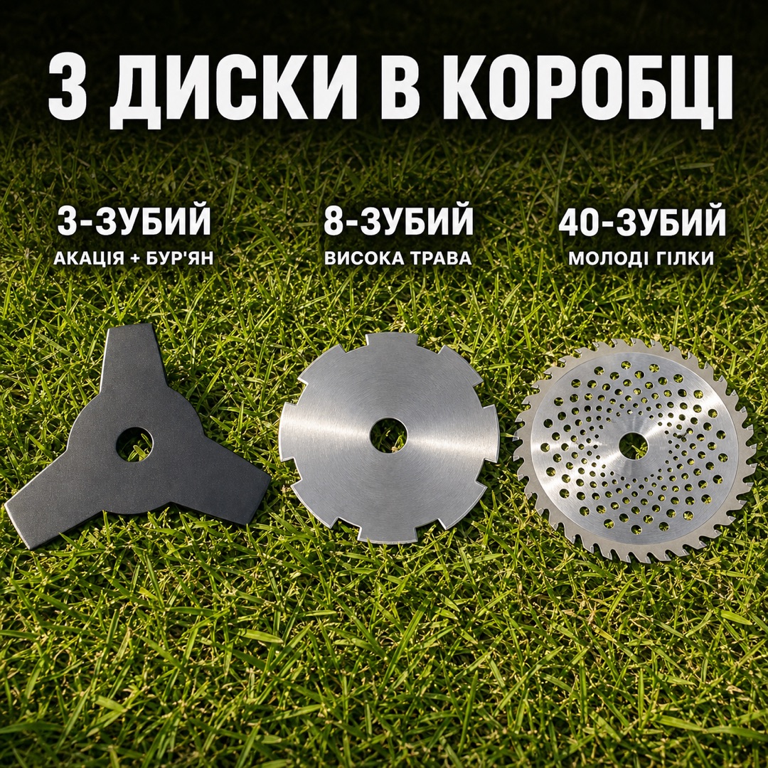3 диски в коробці — 3-зубий (акація+бур'ян), 8-зубий (висока трава), 40-зубий (молоді гілки)